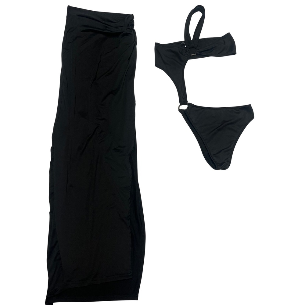 Fashion Nova Black Monokini Sarong Skirt Set XS Cutout Ring‎